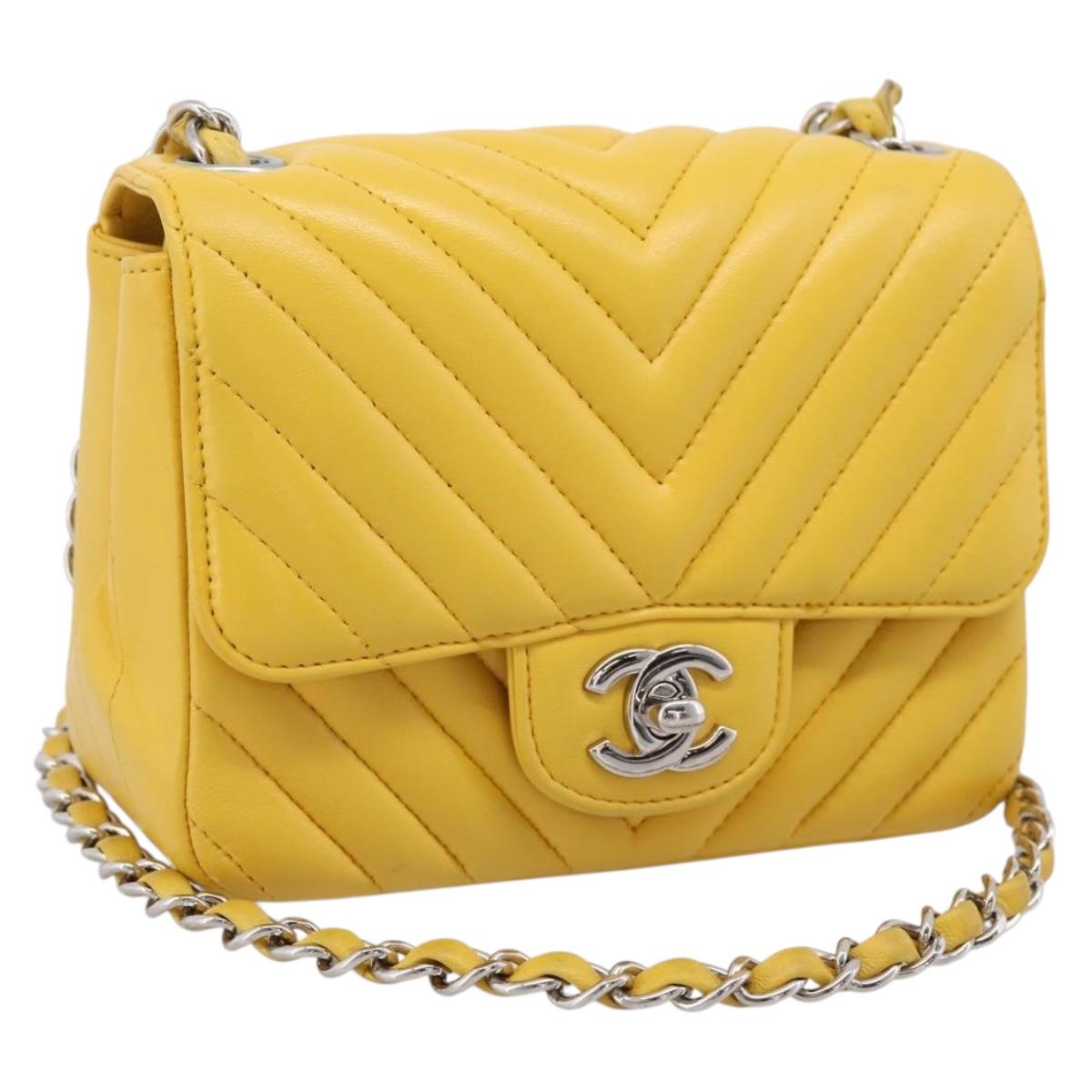 CHANEL V Stitch Chain Shoulder Bag Lamb Skin Yellow Silver CC Auth 206310SAM