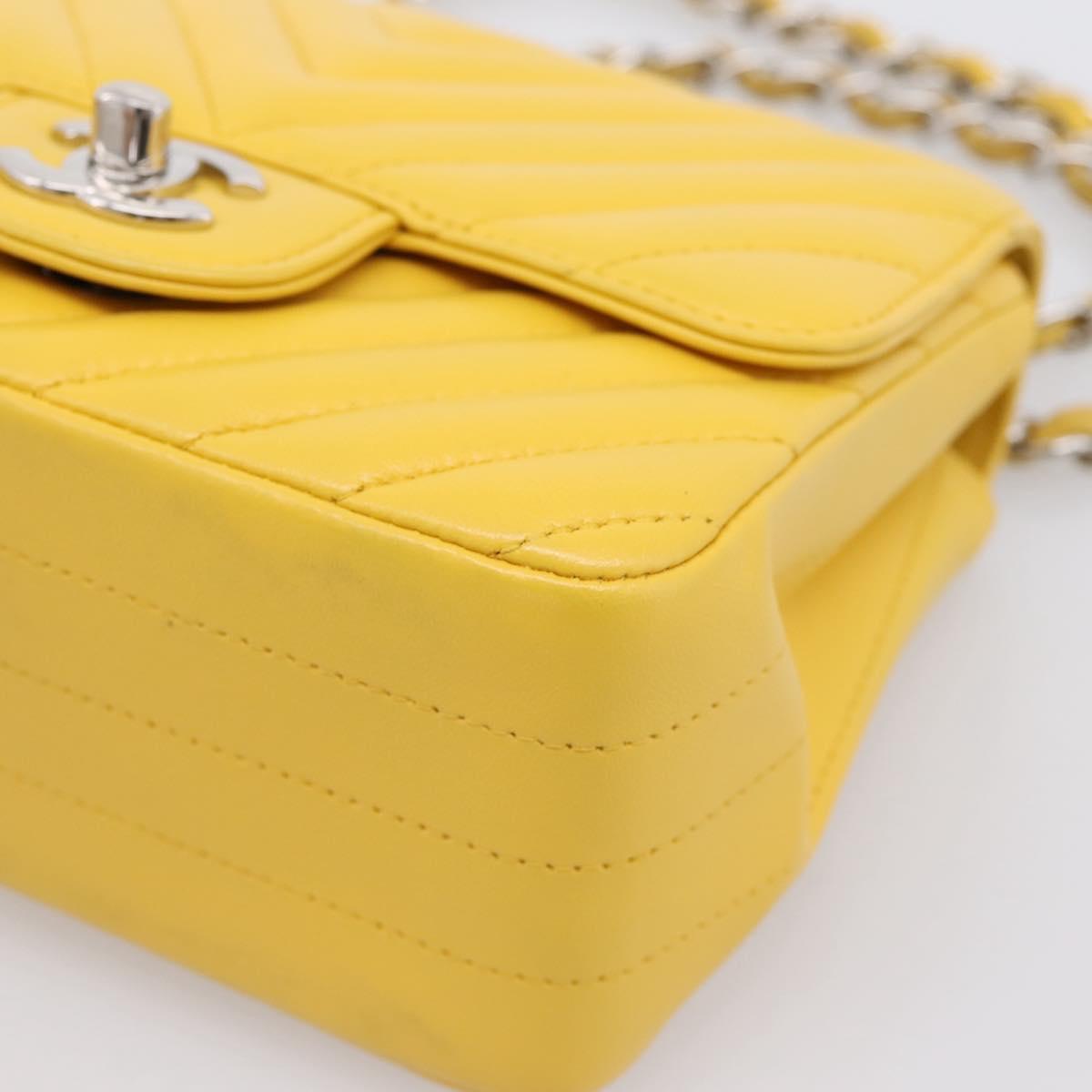 CHANEL V Stitch Chain Shoulder Bag Lamb Skin Yellow Silver CC Auth 206310SAM