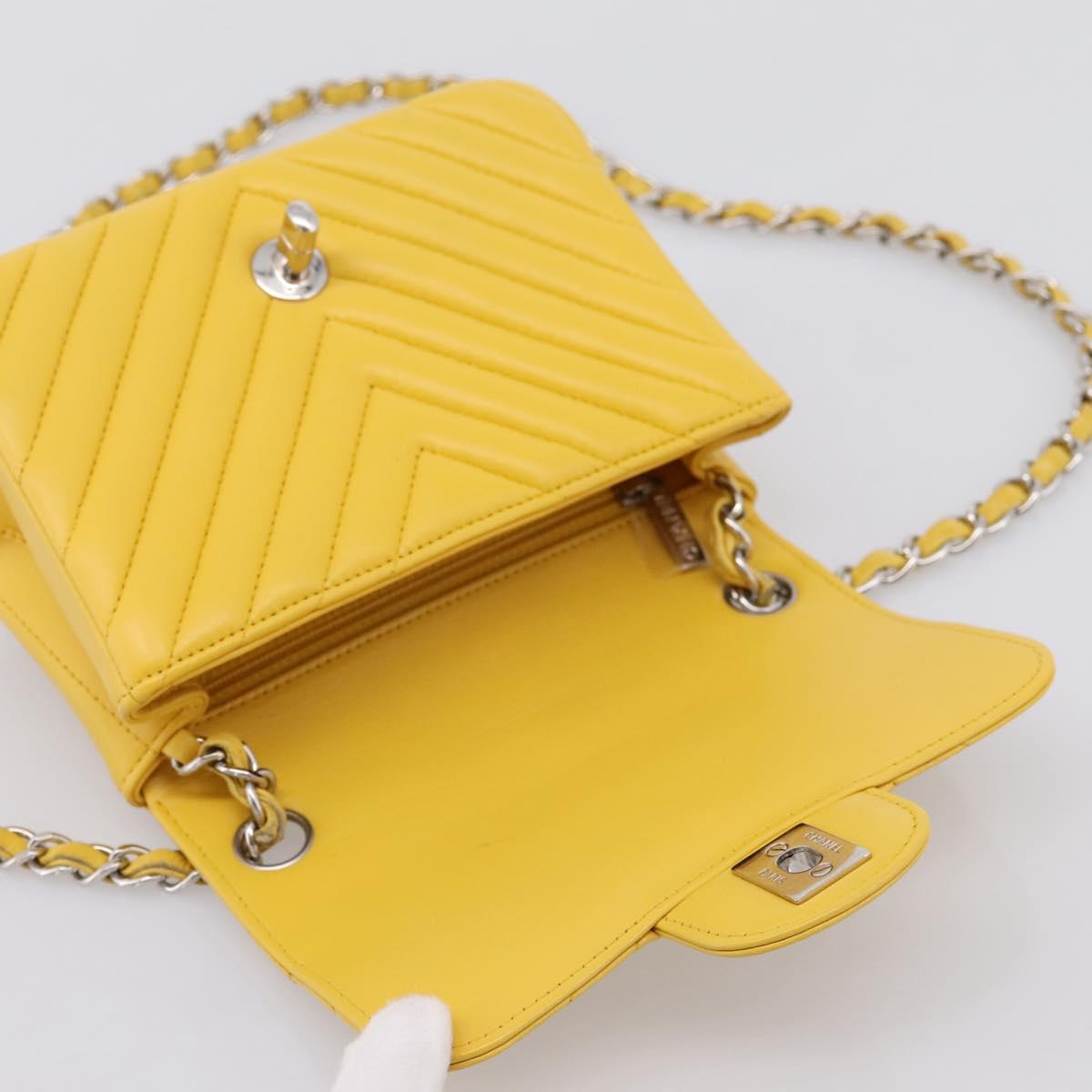 CHANEL V Stitch Chain Shoulder Bag Lamb Skin Yellow Silver CC Auth 206310SAM