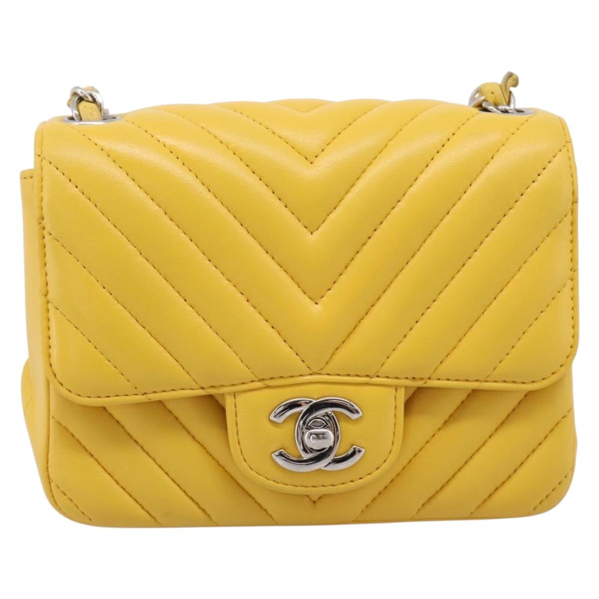 CHANEL V Stitch Chain Shoulder Bag Lamb Skin Yellow Silver CC Auth 206310SAM
