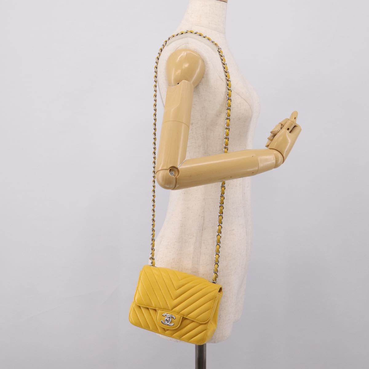 CHANEL V Stitch Chain Shoulder Bag Lamb Skin Yellow Silver CC Auth 206310SAM