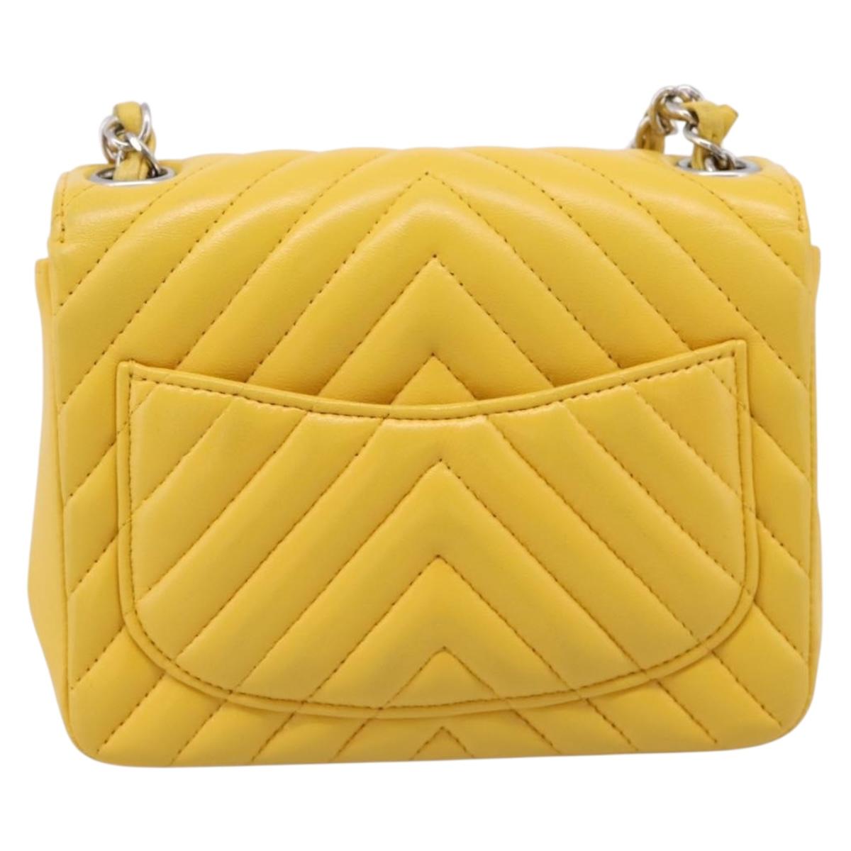 CHANEL V Stitch Chain Shoulder Bag Lamb Skin Yellow Silver CC Auth 206310SAM