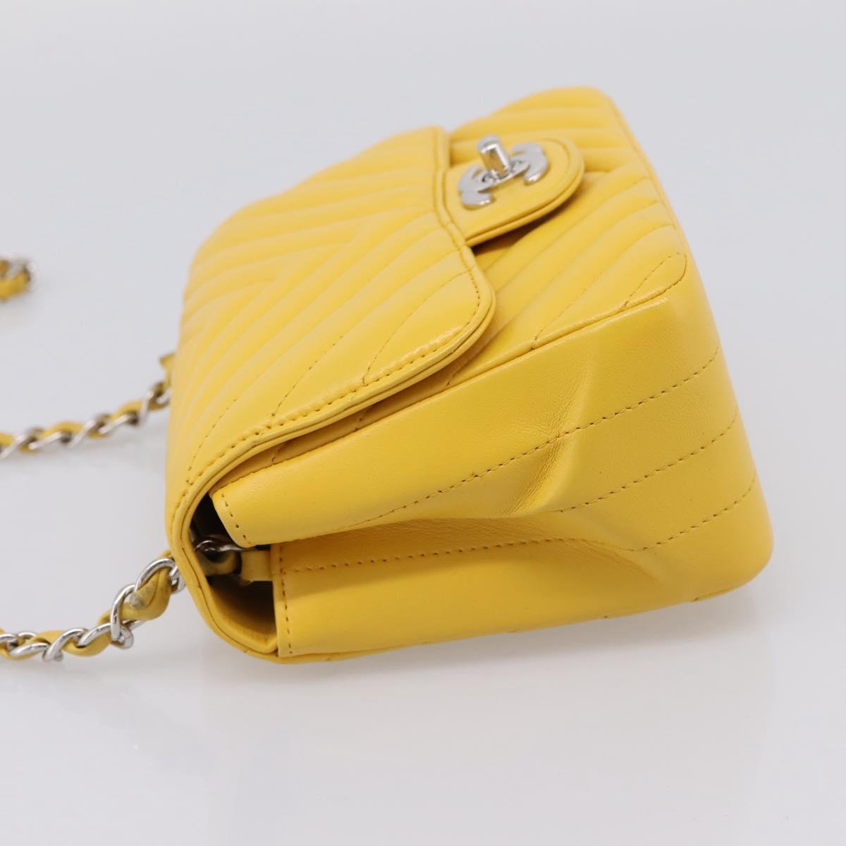 CHANEL V Stitch Chain Shoulder Bag Lamb Skin Yellow Silver CC Auth 206310SAM