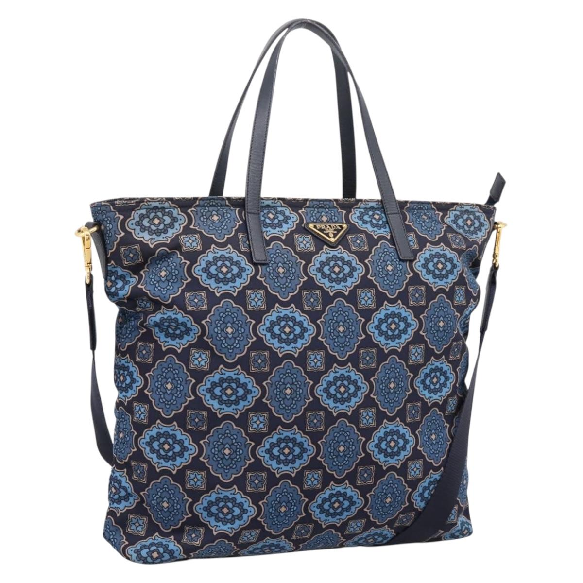 PRADA Tote Bag Nylon 2way Navy Gold Auth 206331A
