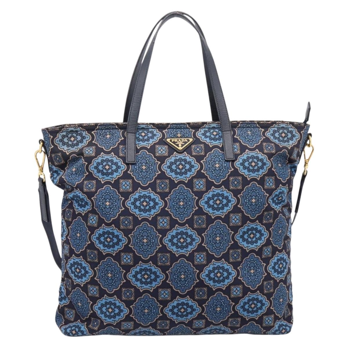 PRADA Tote Bag Nylon 2way Navy Gold Auth 206331A