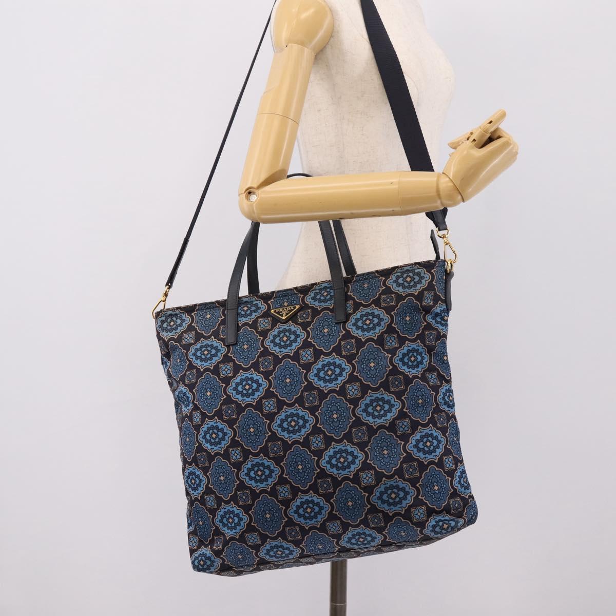 PRADA Tote Bag Nylon 2way Navy Gold Auth 206331A