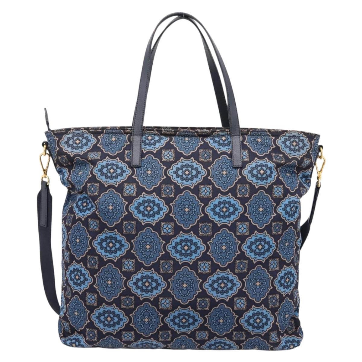 PRADA Tote Bag Nylon 2way Navy Gold Auth 206331A