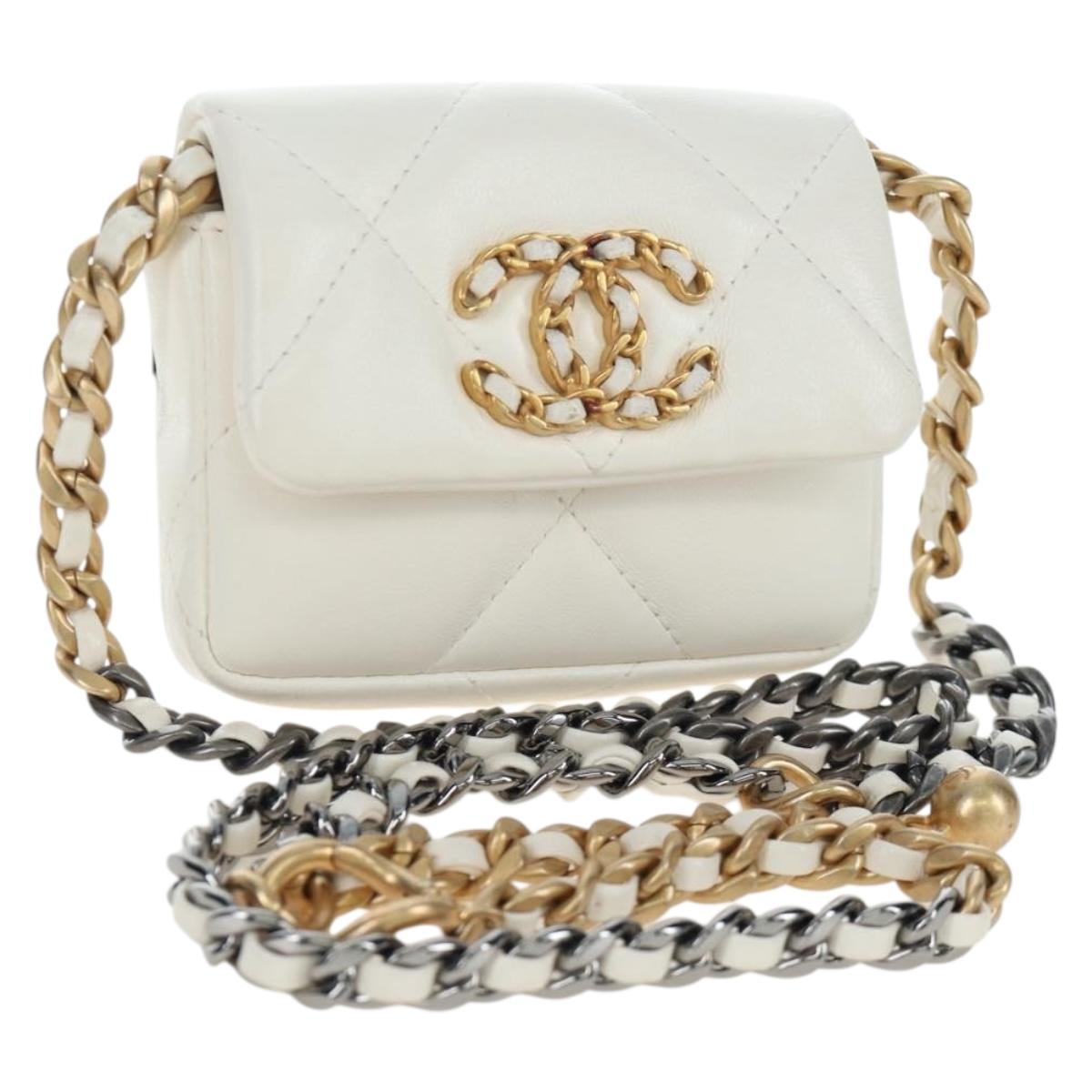 CHANEL Matelasse Chain Shoulder Pouch Lamb Skin Gold White CC Auth 206352SAM