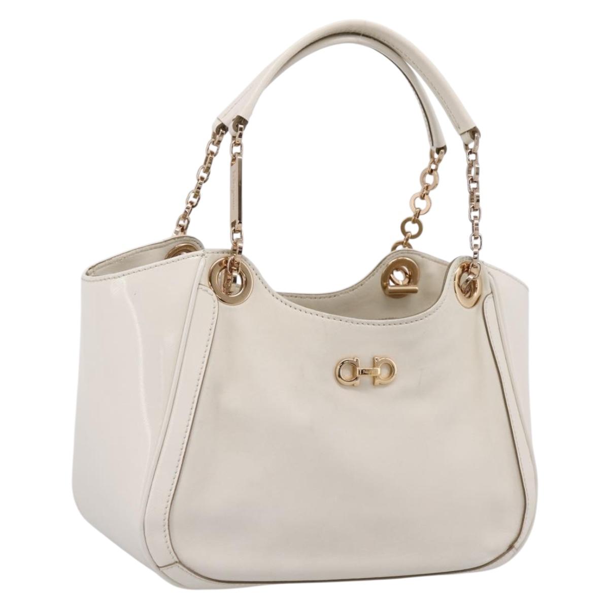 Salvatore Ferragamo Gancini Chain Tote Bag Leather White Gold Auth 206356A