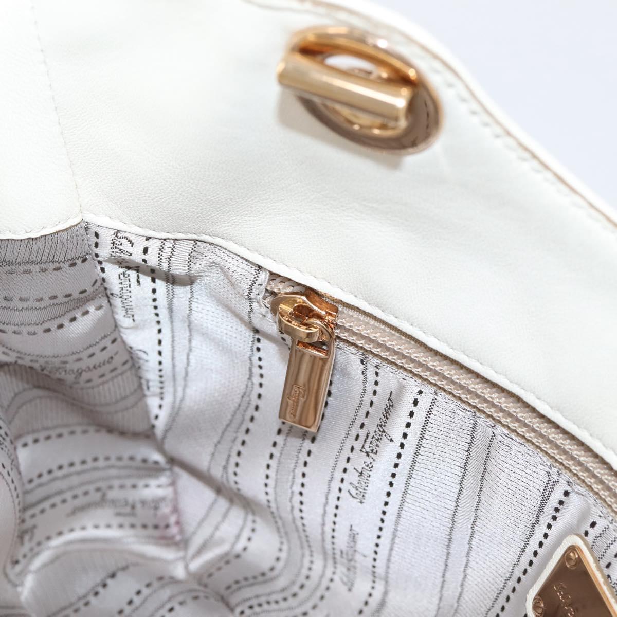 Salvatore Ferragamo Gancini Chain Tote Bag Leather White Gold Auth 206356A