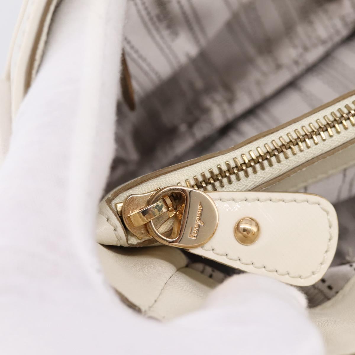 Salvatore Ferragamo Gancini Chain Tote Bag Leather White Gold Auth 206356A
