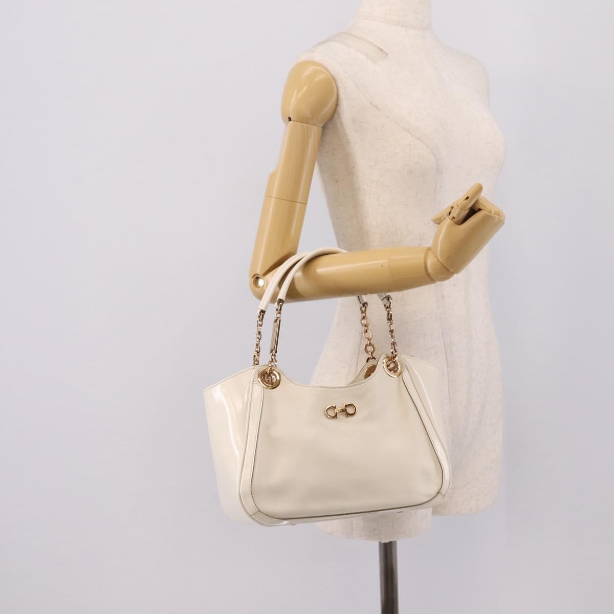 Salvatore Ferragamo Gancini Chain Tote Bag Leather White Gold Auth 206356A