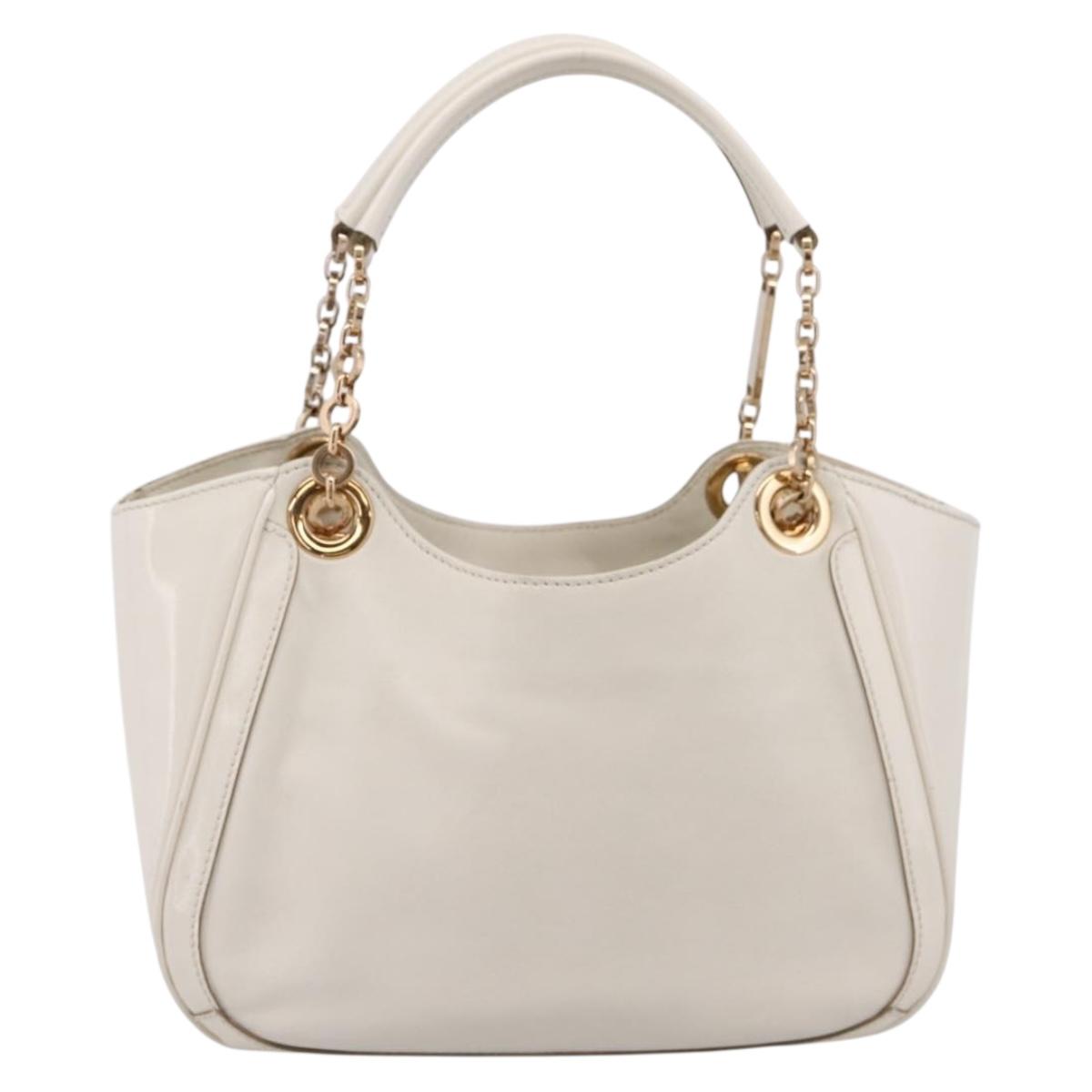 Salvatore Ferragamo Gancini Chain Tote Bag Leather White Gold Auth 206356A