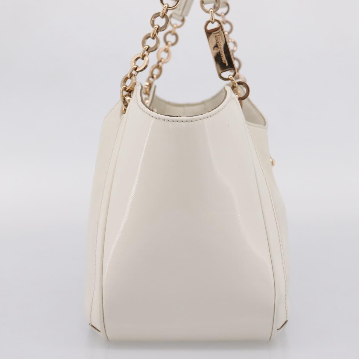 Salvatore Ferragamo Gancini Chain Tote Bag Leather White Gold Auth 206356A