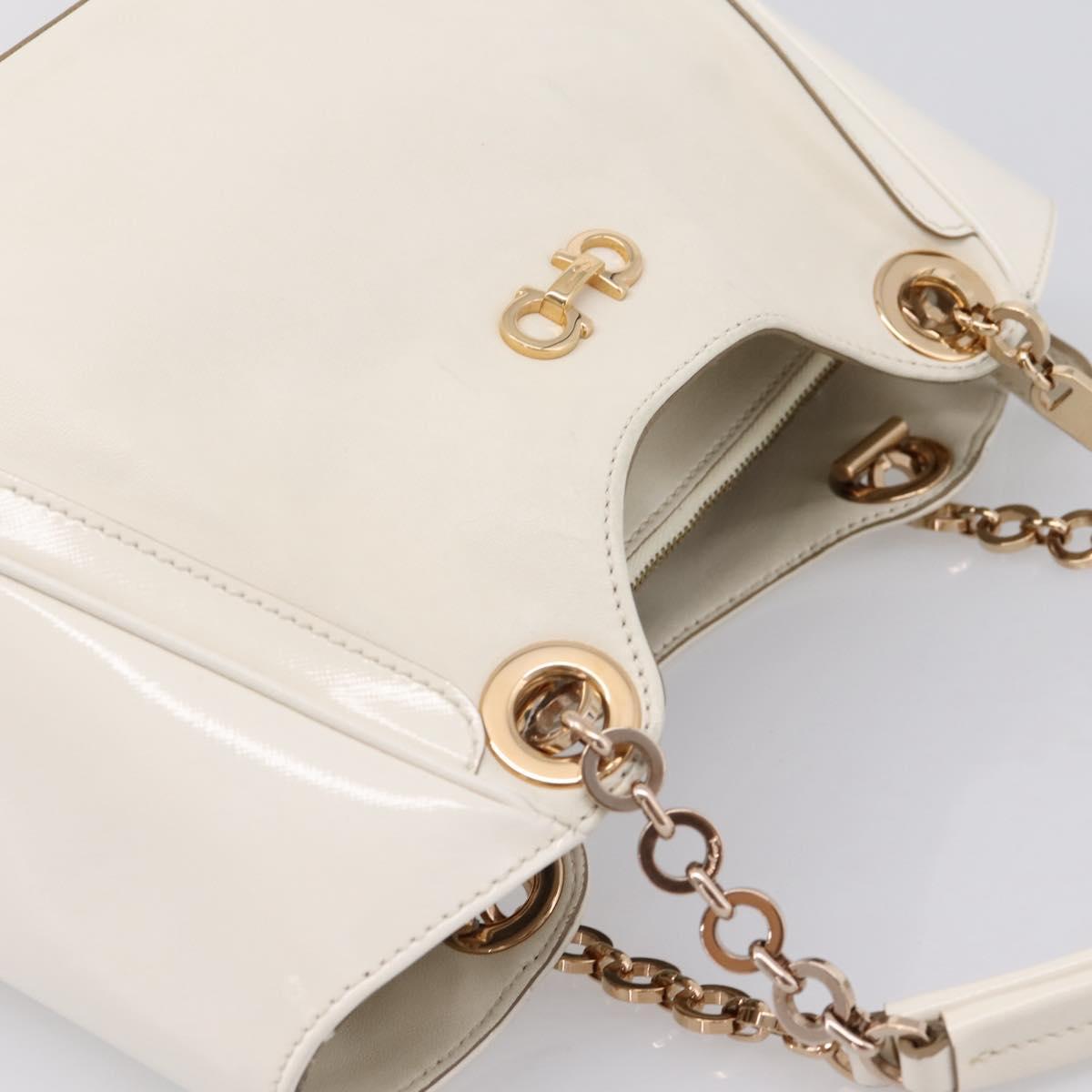 Salvatore Ferragamo Gancini Chain Tote Bag Leather White Gold Auth 206356A