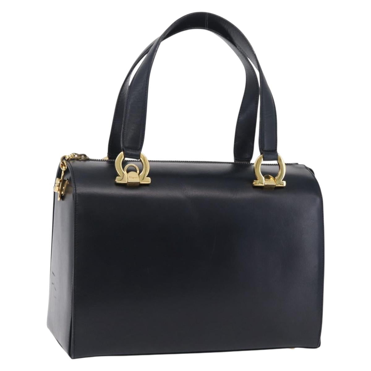 Salvatore Ferragamo Gancini Hand Bag Leather Navy Gold Auth 206360