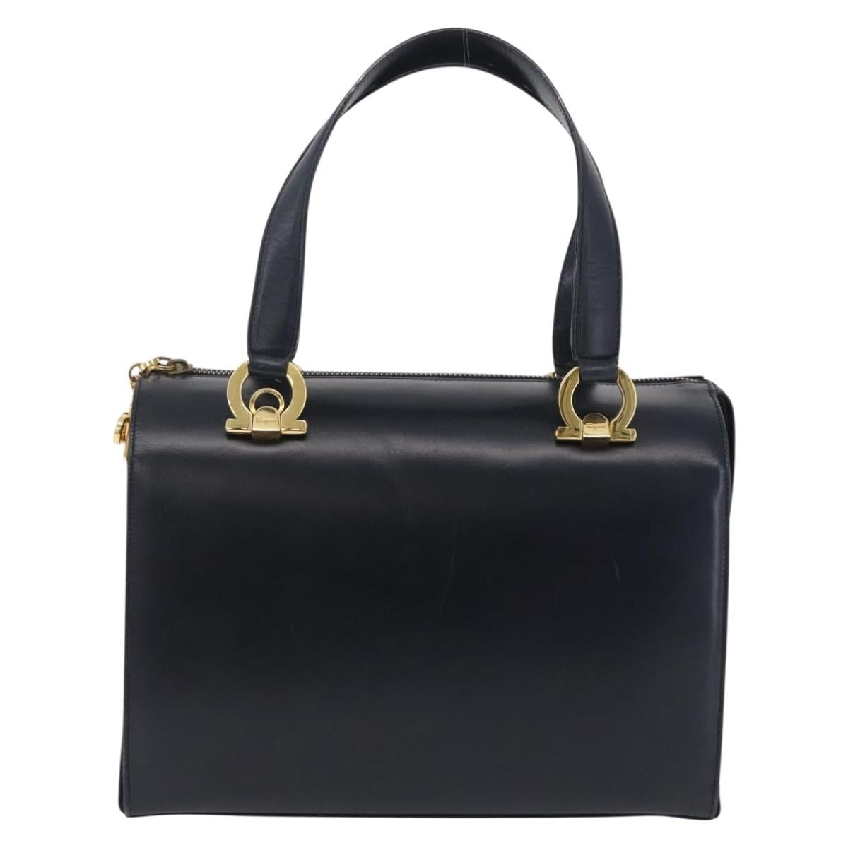 Salvatore Ferragamo Gancini Hand Bag Leather Navy Gold Auth 206360