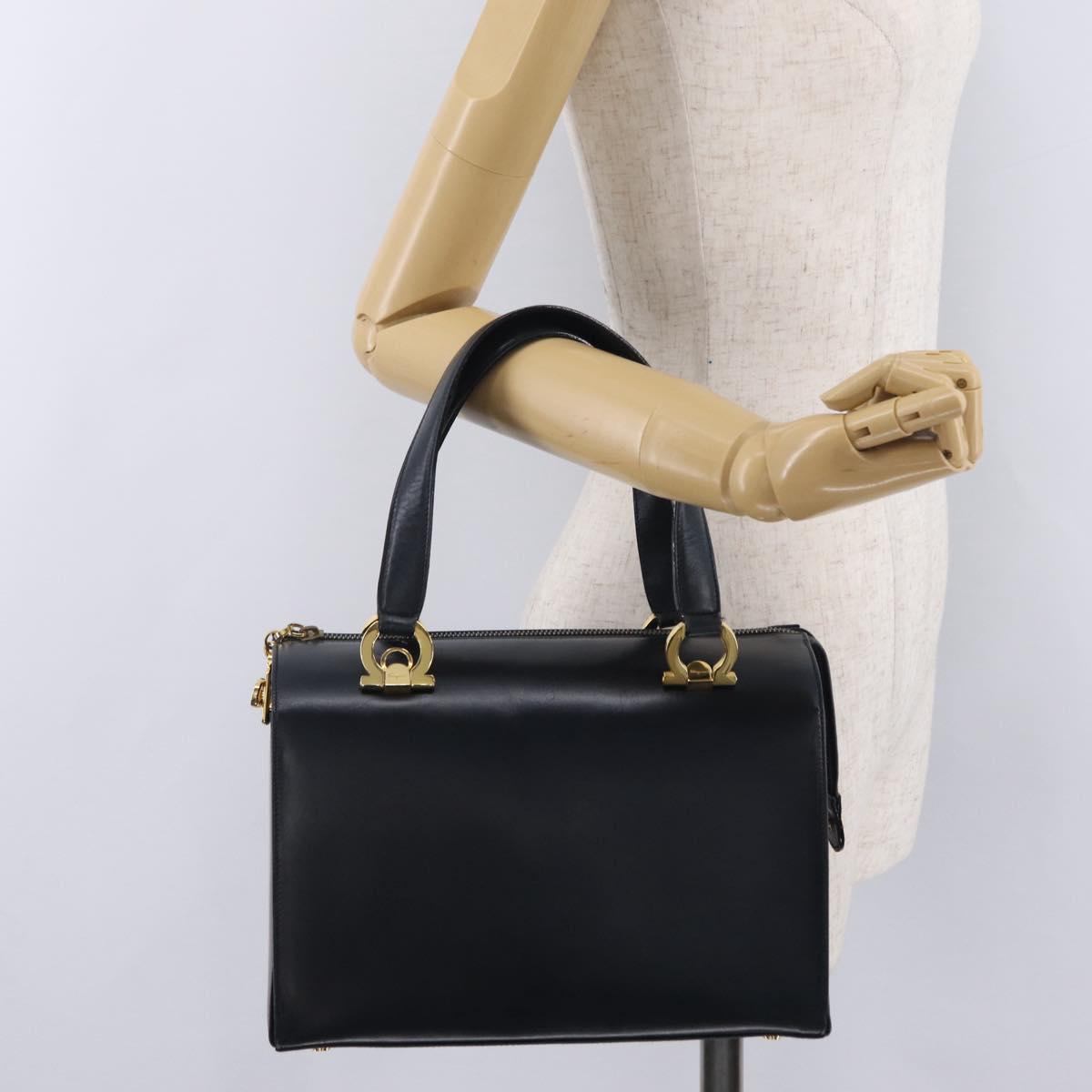 Salvatore Ferragamo Gancini Hand Bag Leather Navy Gold Auth 206360
