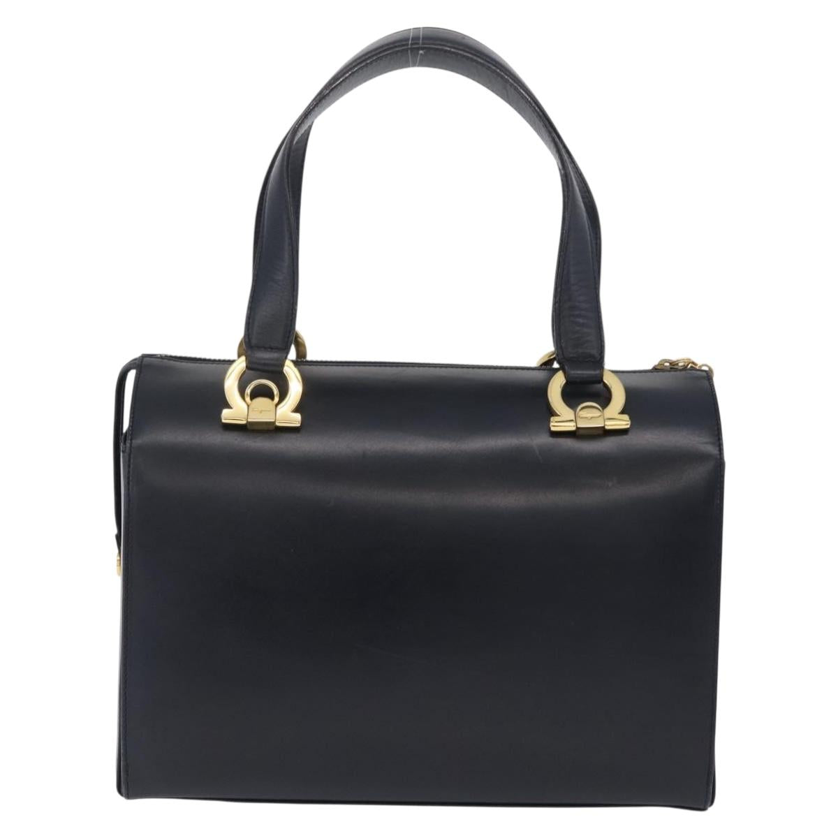Salvatore Ferragamo Gancini Hand Bag Leather Navy Gold Auth 206360