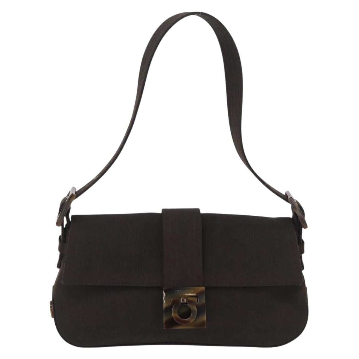 Salvatore Ferragamo Gancini Shoulder Bag Canvas Khaki Auth 206366V
