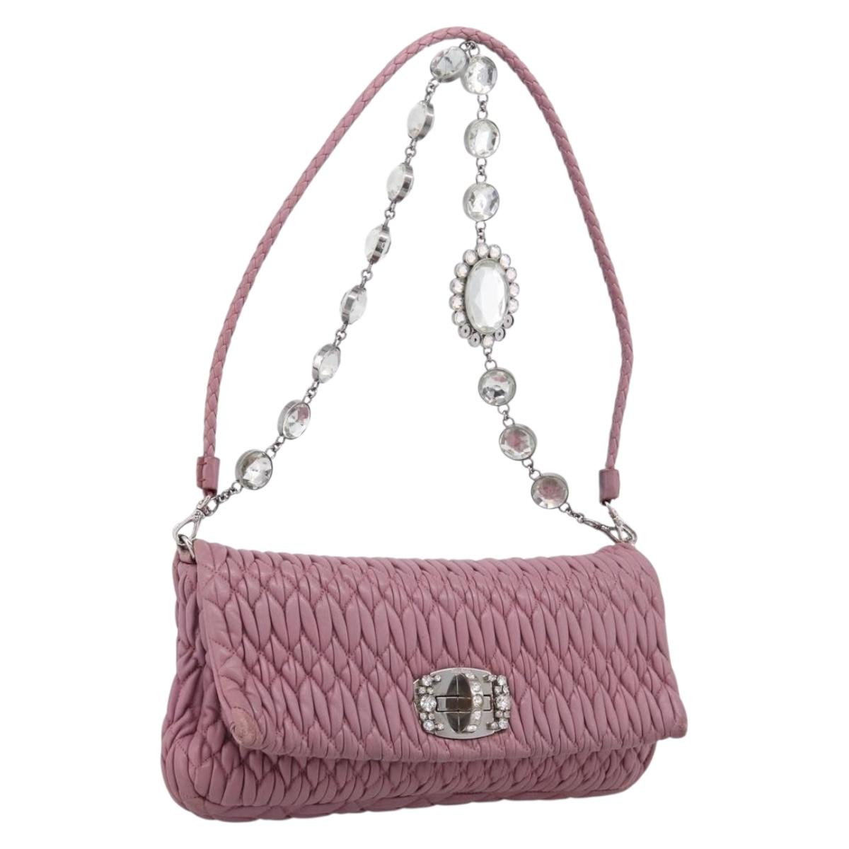 Miu Miu Matelasse Chain Shoulder Bag Leather 2way Pink Silver Auth 206370A
