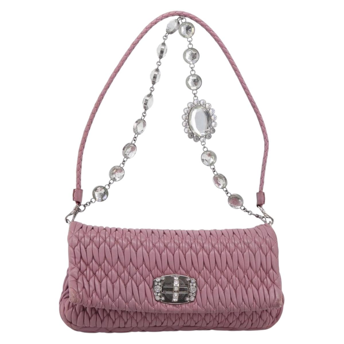 Miu Miu Matelasse Chain Shoulder Bag Leather 2way Pink Silver Auth 206370A