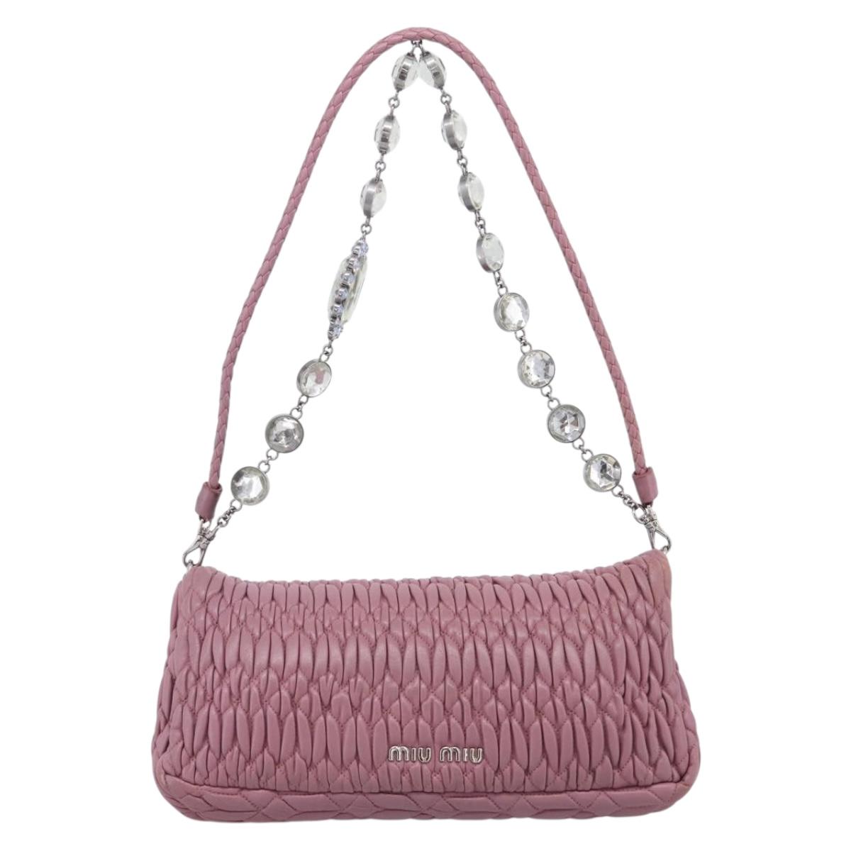 Miu Miu Matelasse Chain Shoulder Bag Leather 2way Pink Silver Auth 206370A