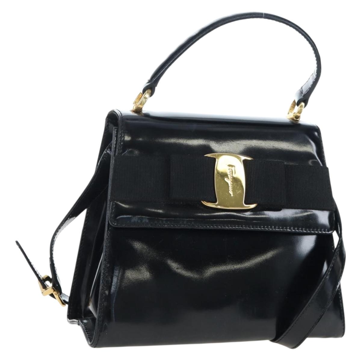 Salvatore Ferragamo Vala Hand Bag Patent leather 2way Black Gold Auth 206373