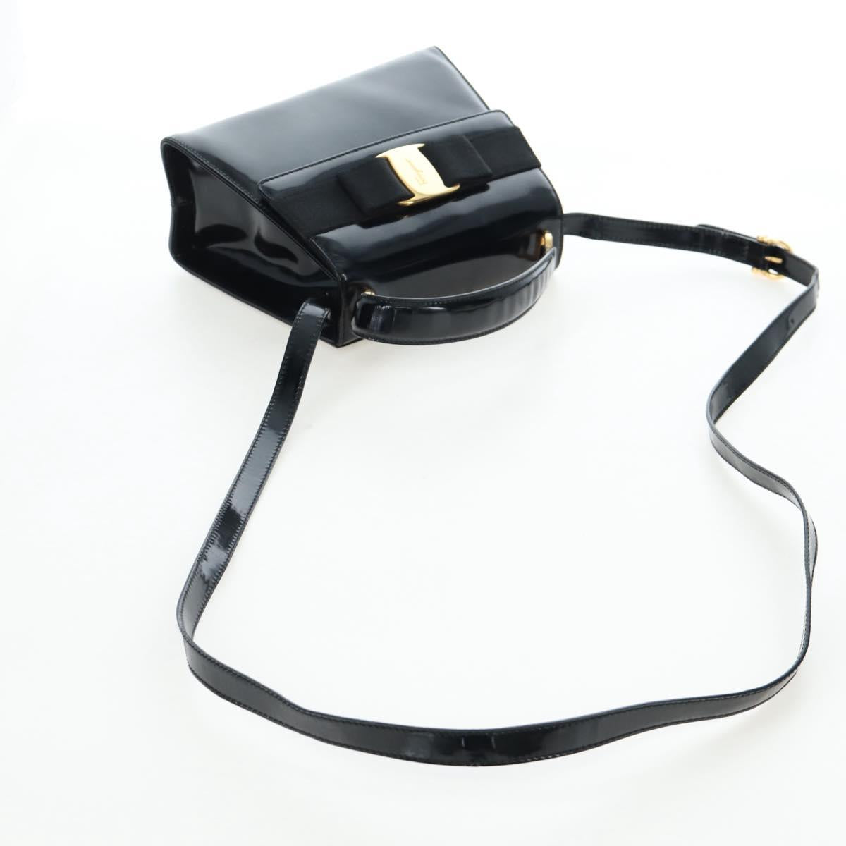 Salvatore Ferragamo Vala Hand Bag Patent leather 2way Black Gold Auth 206373