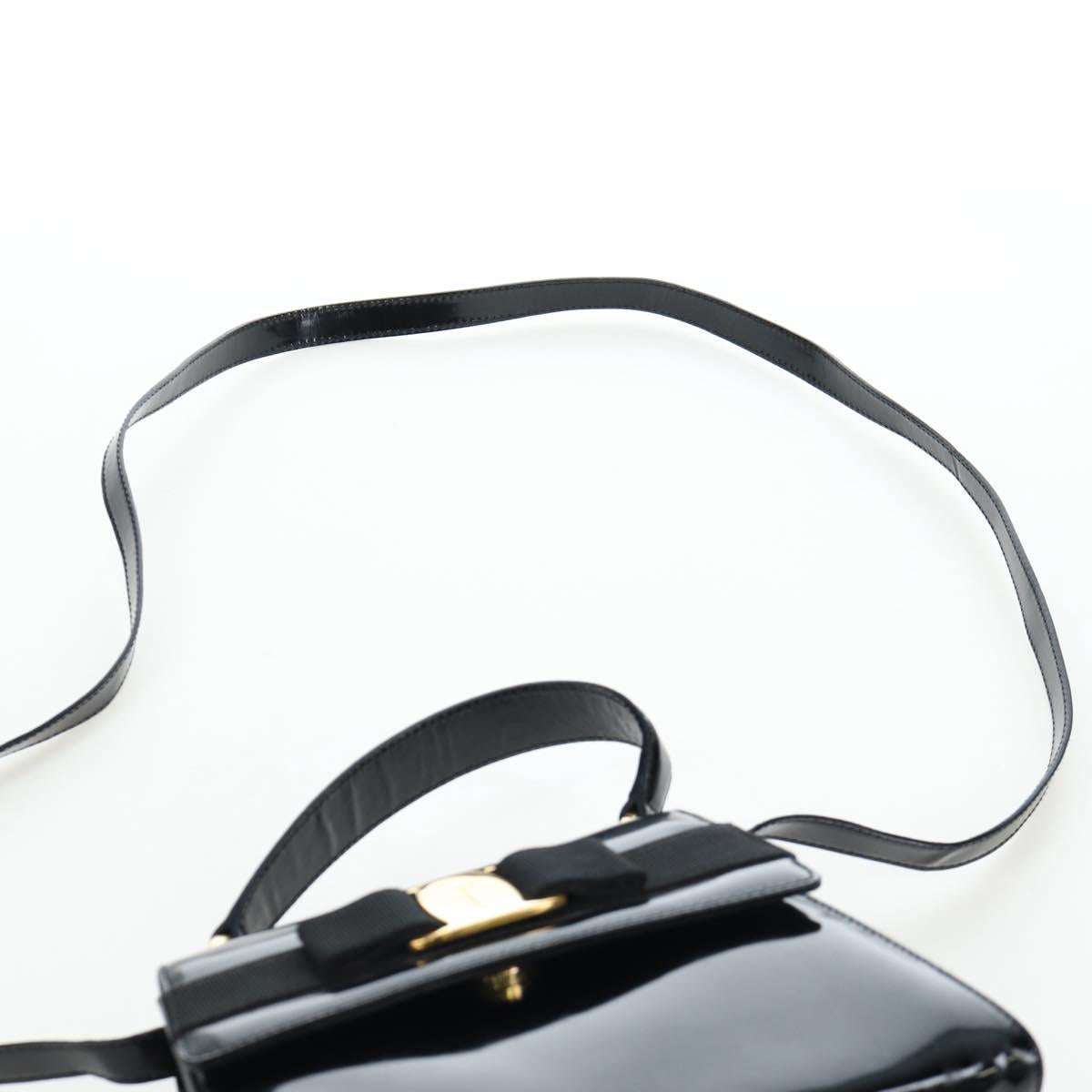 Salvatore Ferragamo Vala Hand Bag Patent leather 2way Black Gold Auth 206373