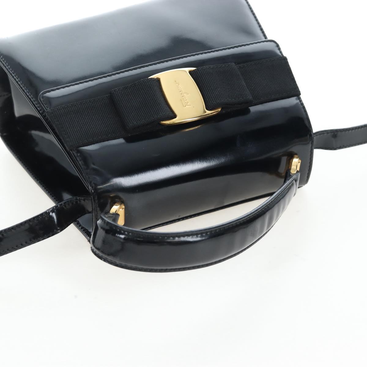 Salvatore Ferragamo Vala Hand Bag Patent leather 2way Black Gold Auth 206373