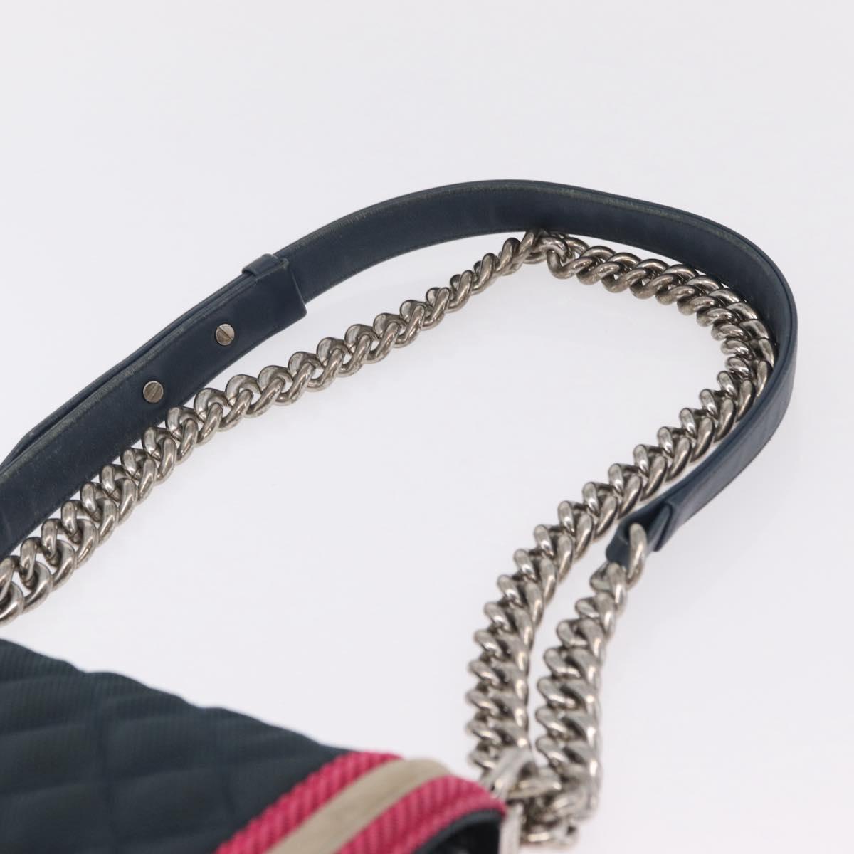 CHANEL Chain Matelasse Boy Chanel Shoulder Bag Canvas Navy Silver Auth 206385A