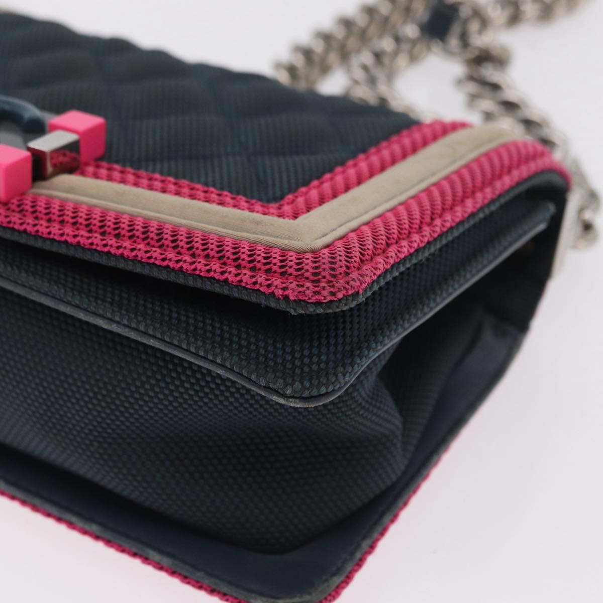 CHANEL Chain Matelasse Boy Chanel Shoulder Bag Canvas Navy Silver Auth 206385A