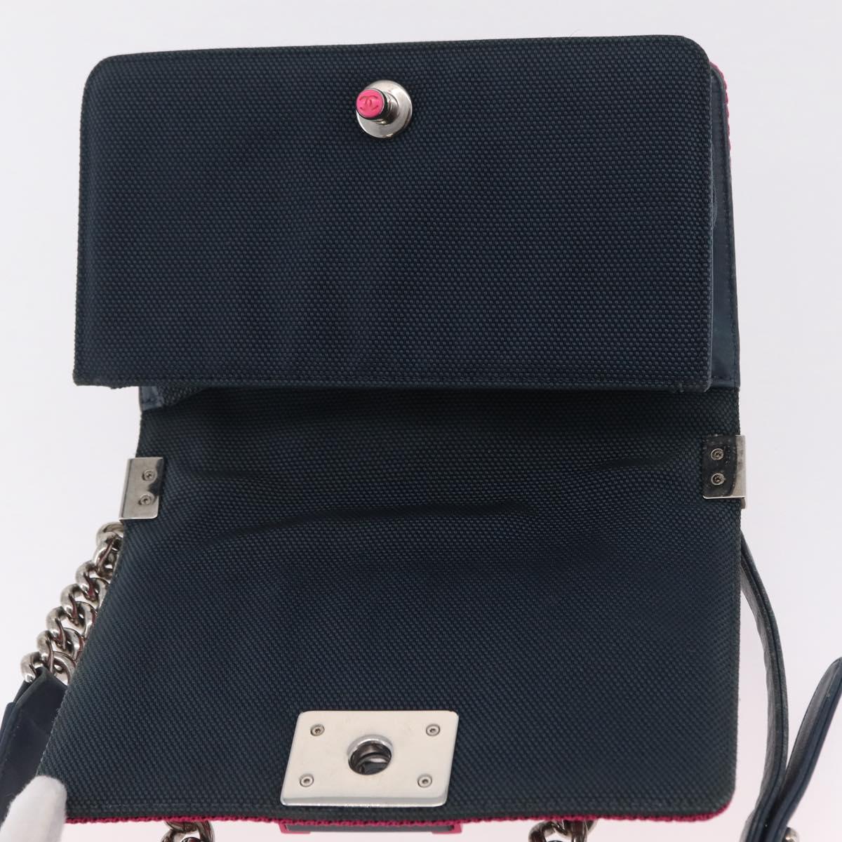 CHANEL Chain Matelasse Boy Chanel Shoulder Bag Canvas Navy Silver Auth 206385A