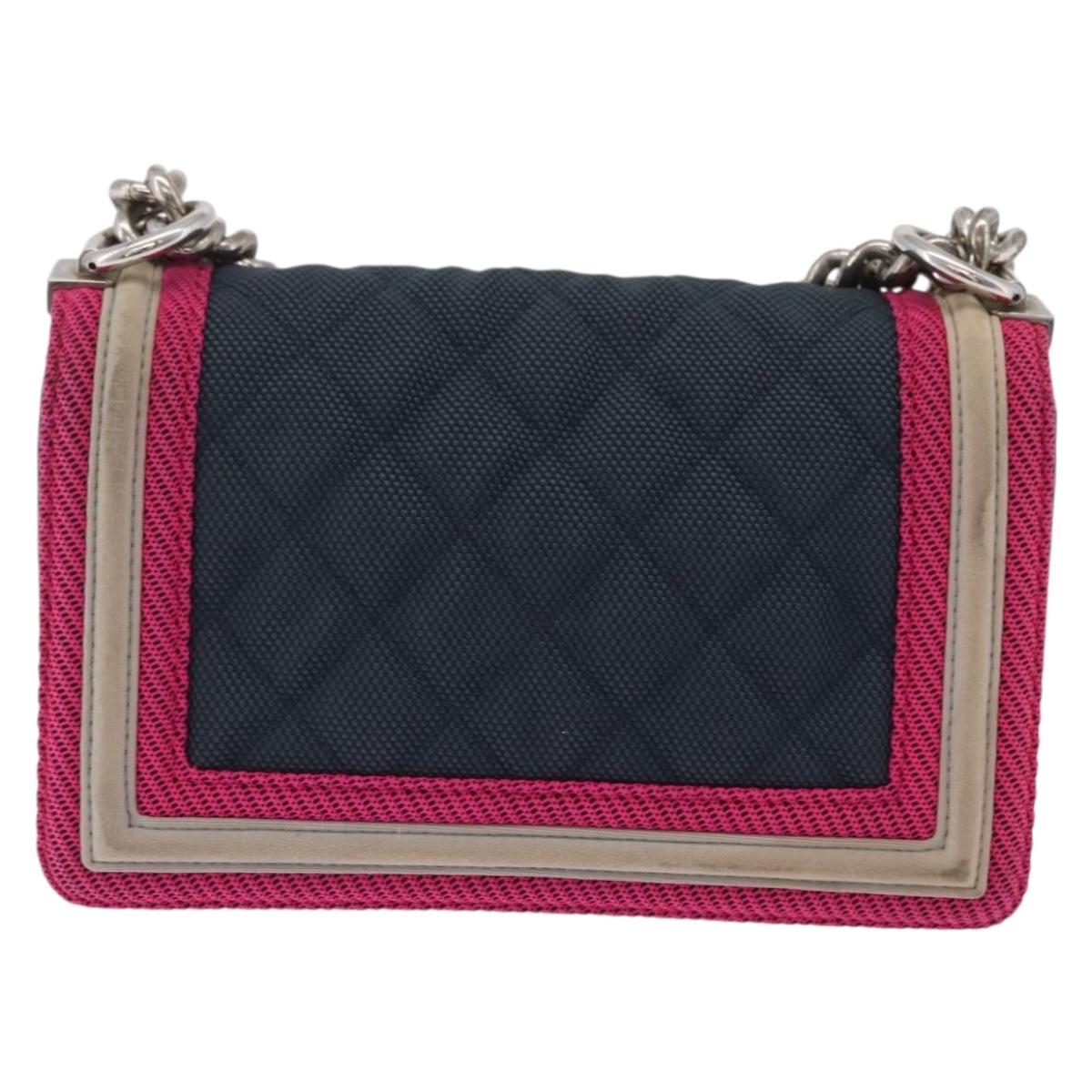 CHANEL Chain Matelasse Boy Chanel Shoulder Bag Canvas Navy Silver Auth 206385A