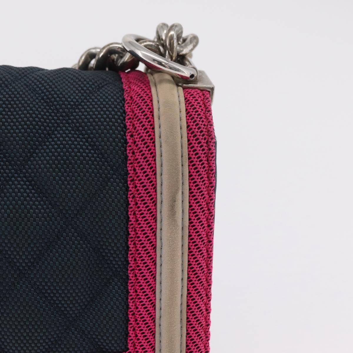 CHANEL Chain Matelasse Boy Chanel Shoulder Bag Canvas Navy Silver Auth 206385A