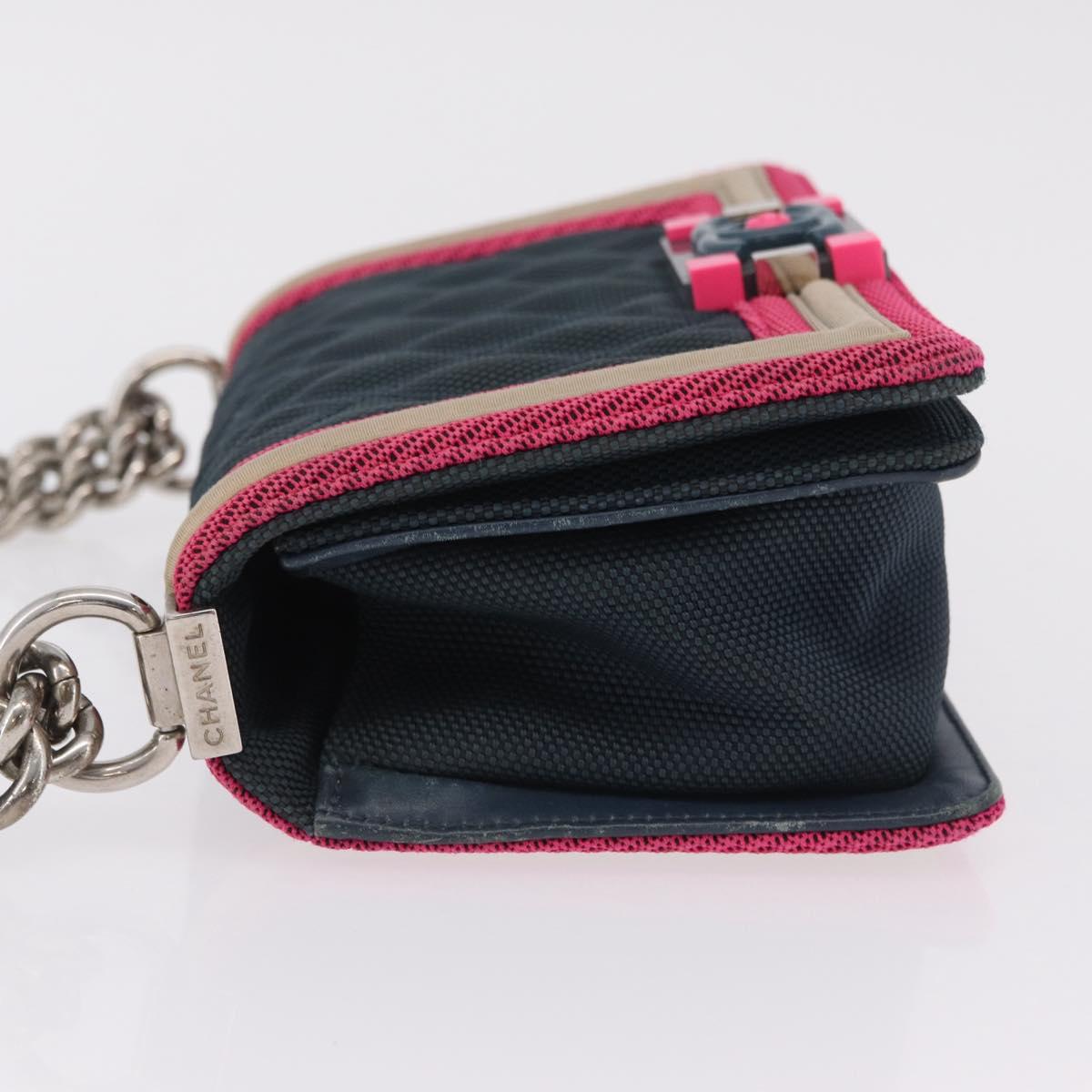 CHANEL Chain Matelasse Boy Chanel Shoulder Bag Canvas Navy Silver Auth 206385A