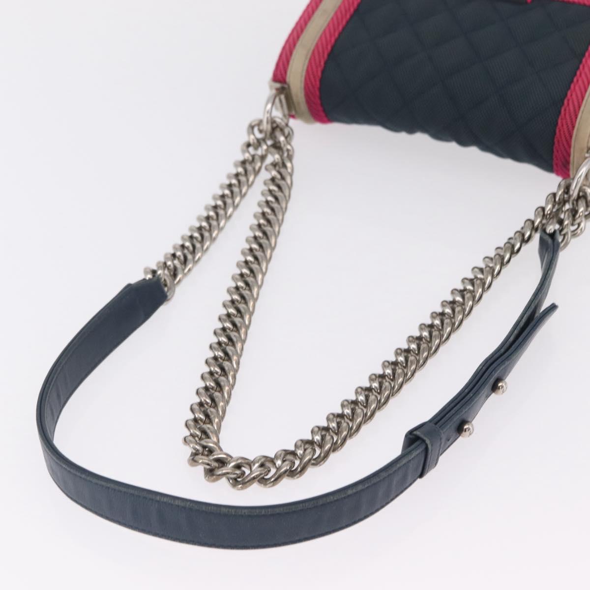 CHANEL Chain Matelasse Boy Chanel Shoulder Bag Canvas Navy Silver Auth 206385A