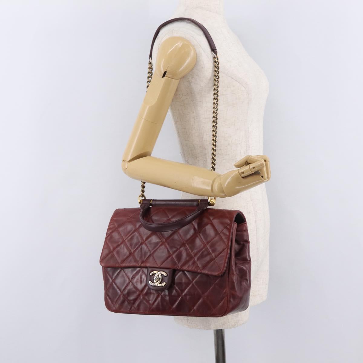 CHANEL Matelasse Chain Shoulder Bag Leather Bordeaux Gold CC Auth 206387A