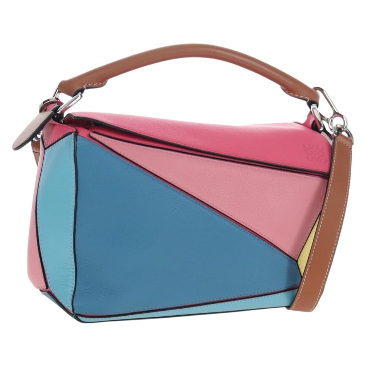 LOEWE Puzzle Bag Small Hand Bag Leather 2way Multicolor Silver Auth 206398SAM