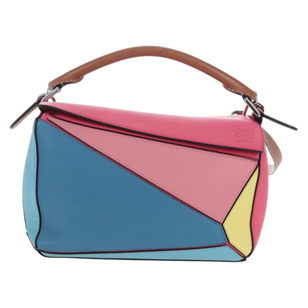 LOEWE Puzzle Bag Small Hand Bag Leather 2way Multicolor Silver Auth 206398SAM