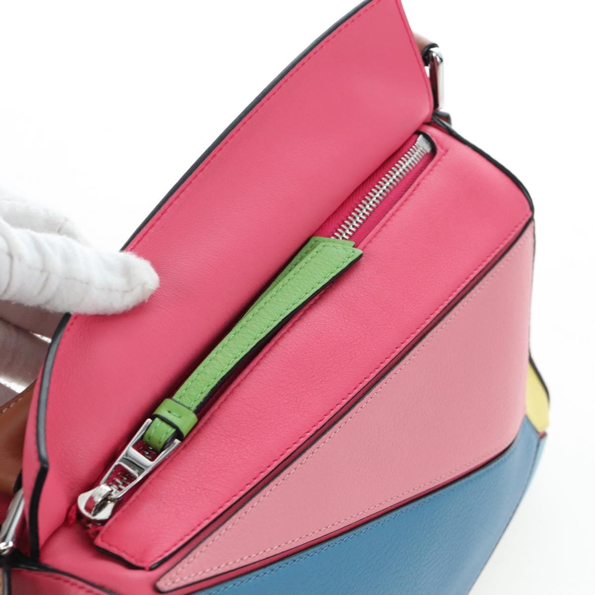 LOEWE Puzzle Bag Small Hand Bag Leather 2way Multicolor Silver Auth 206398SAM