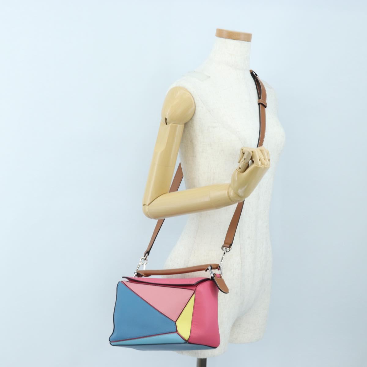 LOEWE Puzzle Bag Small Hand Bag Leather 2way Multicolor Silver Auth 206398SAM