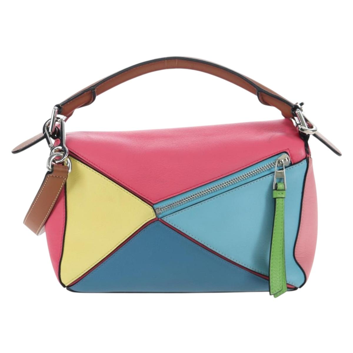 LOEWE Puzzle Bag Small Hand Bag Leather 2way Multicolor Silver Auth 206398SAM