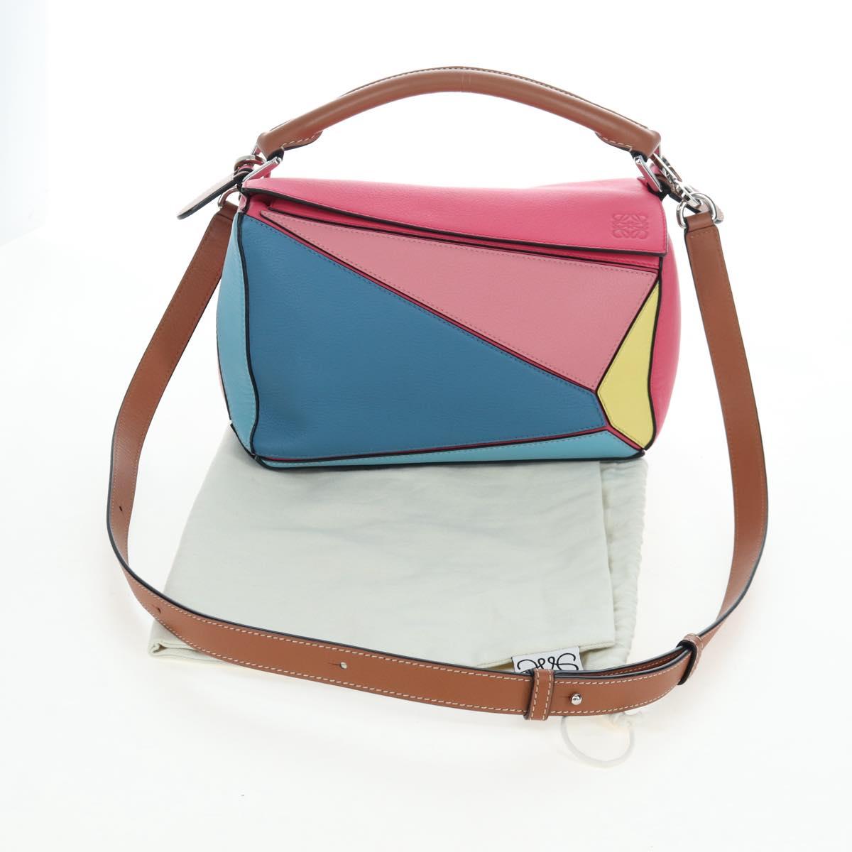 LOEWE Puzzle Bag Small Hand Bag Leather 2way Multicolor Silver Auth 206398SAM
