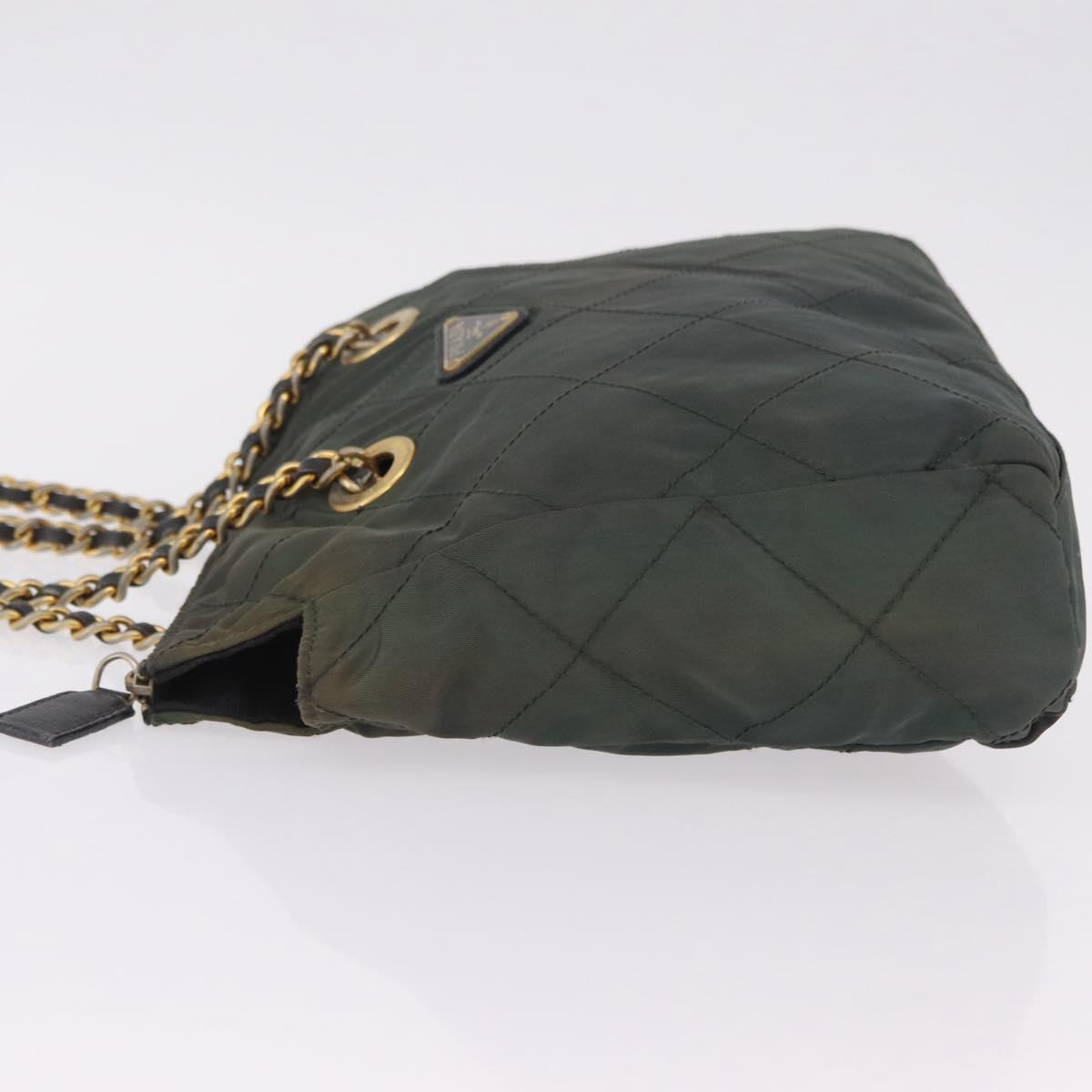 PRADA Chain Shoulder Bag Nylon Green Gold Auth 206413