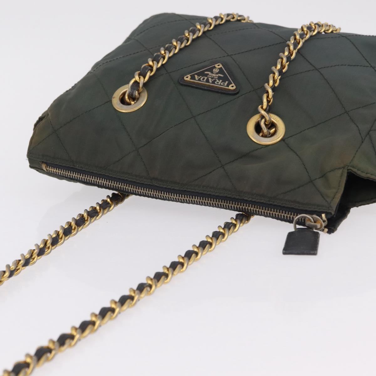PRADA Chain Shoulder Bag Nylon Green Gold Auth 206413