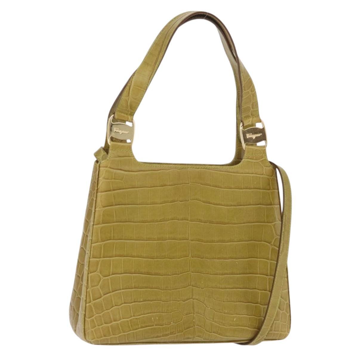 Salvatore Ferragamo Croco Embossed Hand Bag Leather 2way Green Gold Auth 206415