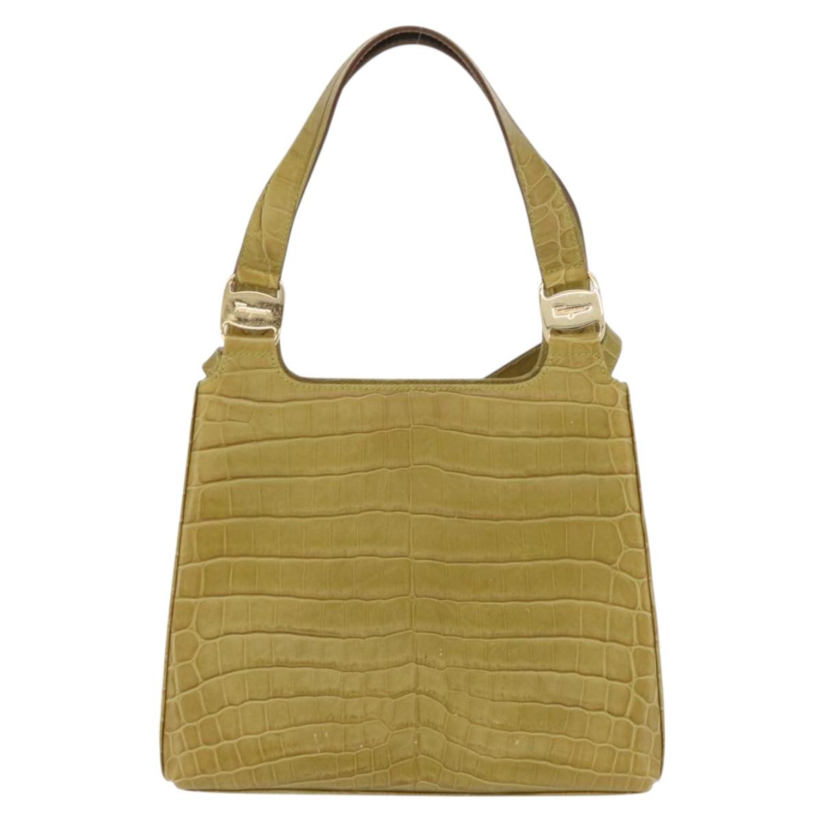 Salvatore Ferragamo Croco Embossed Hand Bag Leather 2way Green Gold Auth 206415