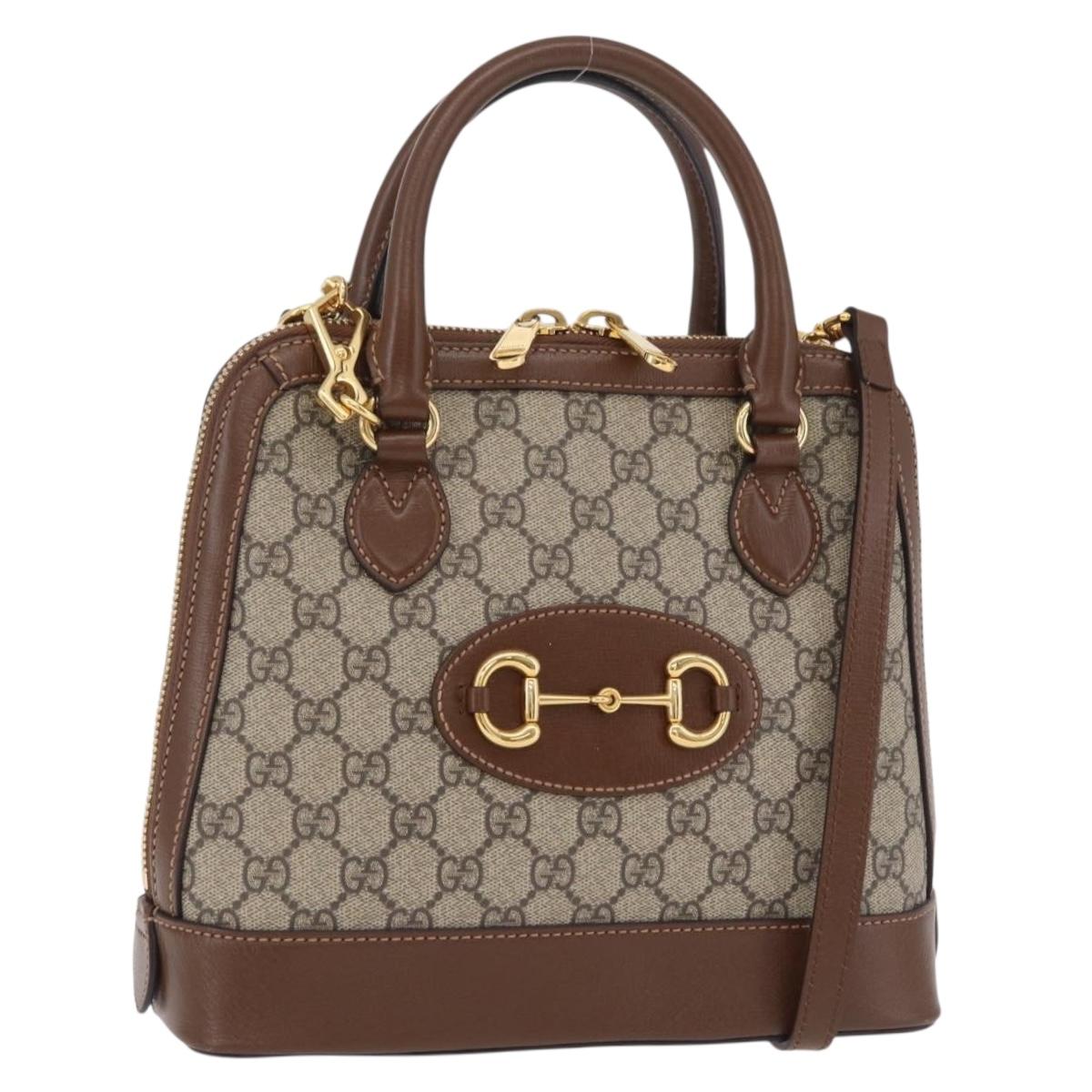 GUCCI GG Supreme Horsebit 1955 Hand Bag PVC 2way Beige Gold 621220 Auth 206416V